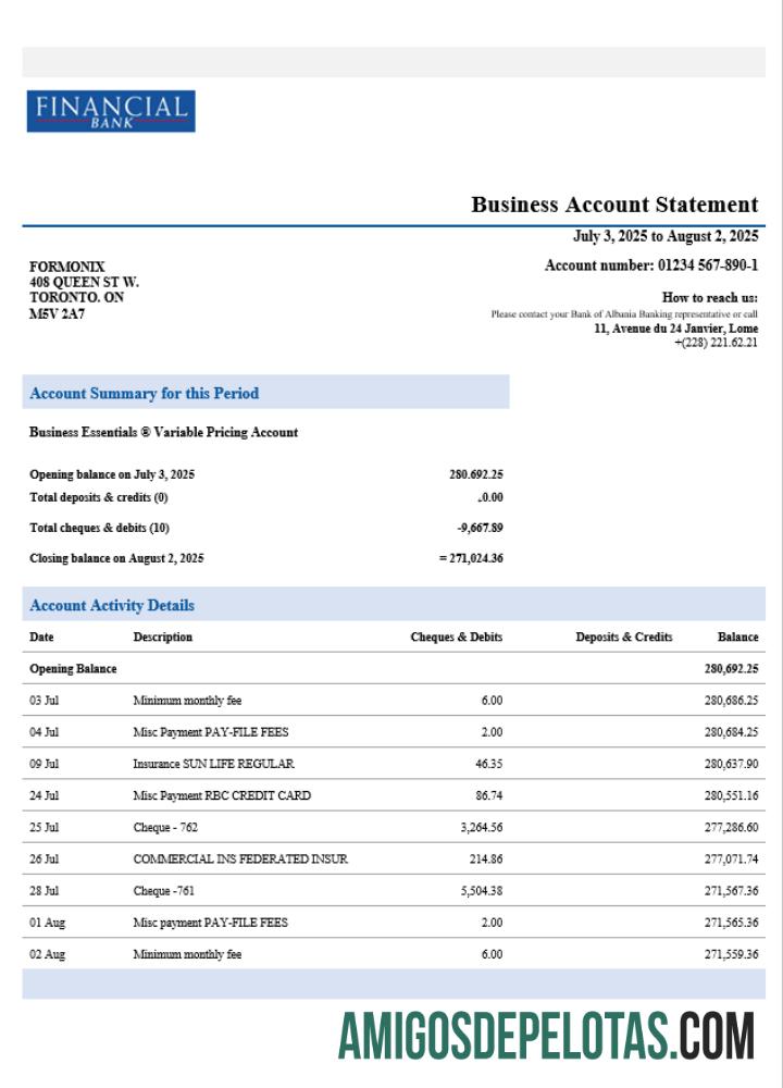 Imprimível Togo Financial Bank Extrato de conta corporativa modelo Word e PDF